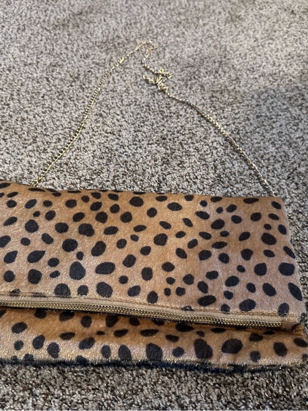 Leopard Print Fold-Over Clutch with Chain Strap - Brown